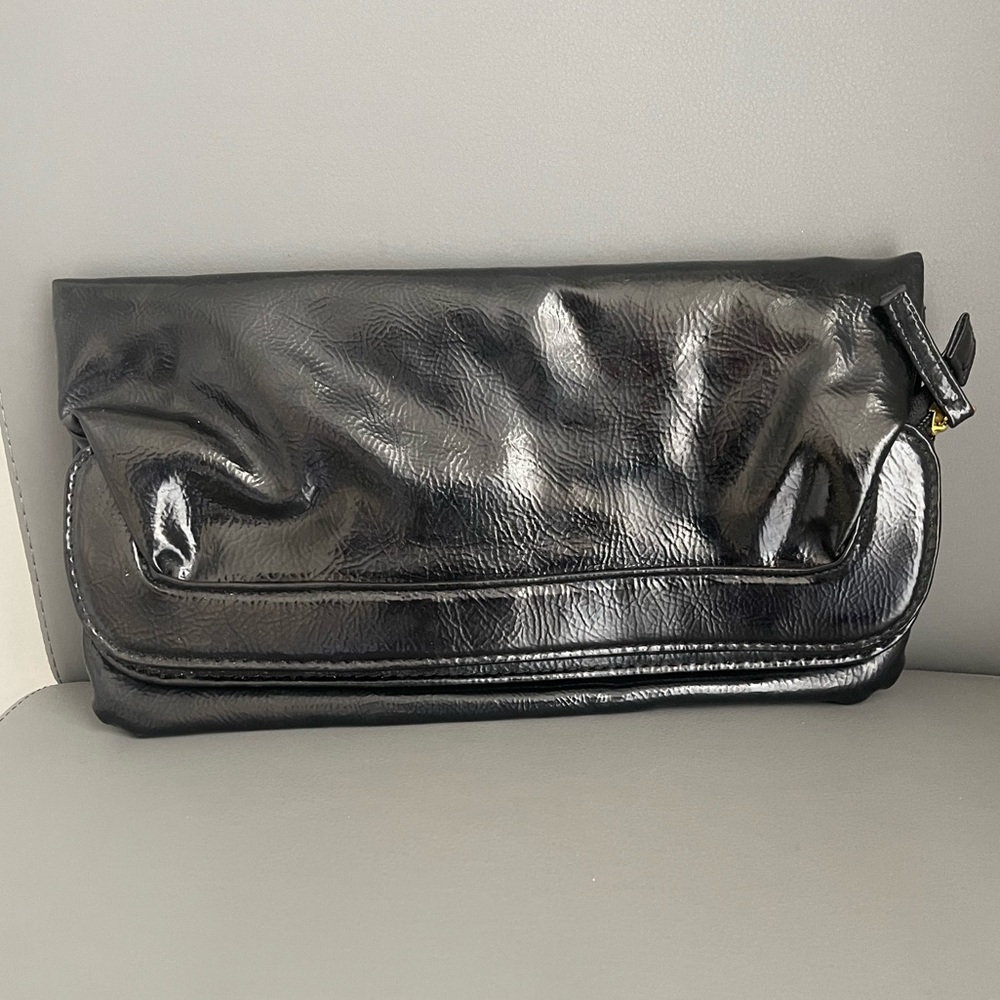Black Foldover Clutch Purse Oversized Envelope Style Magnetic Snap Zipper